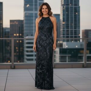 JMDC Full Length Formal Beaded Gown Halter Top Prom, New Year’s Eve Dress